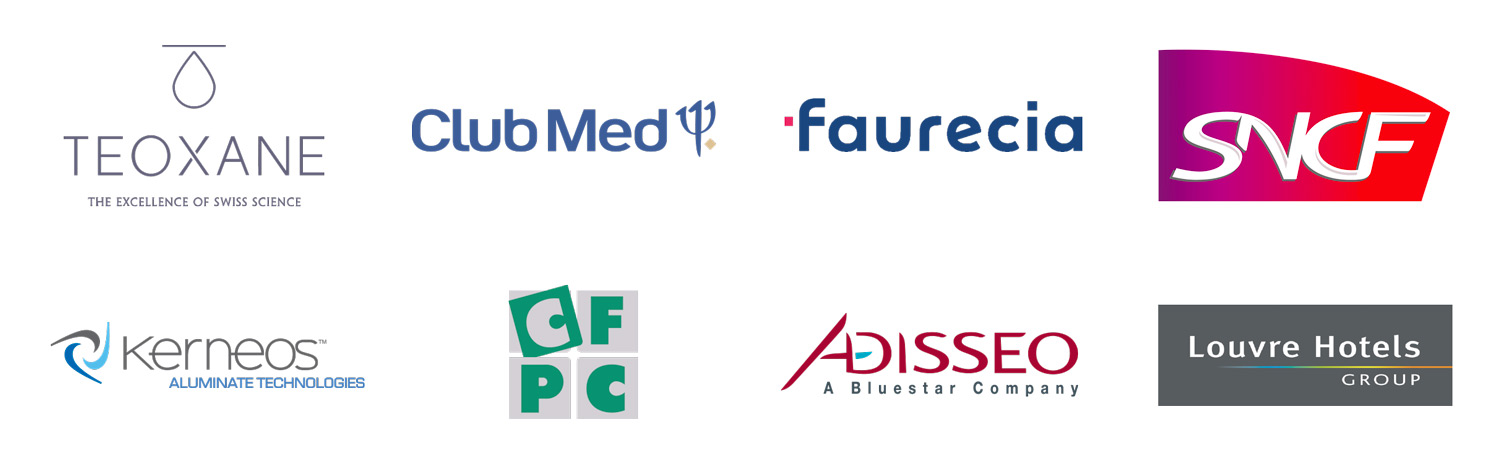 Teoxane, Club Med, Faurecia, SNCF, Kerneos, CFPC, Adisseo, Louvre Hotels
