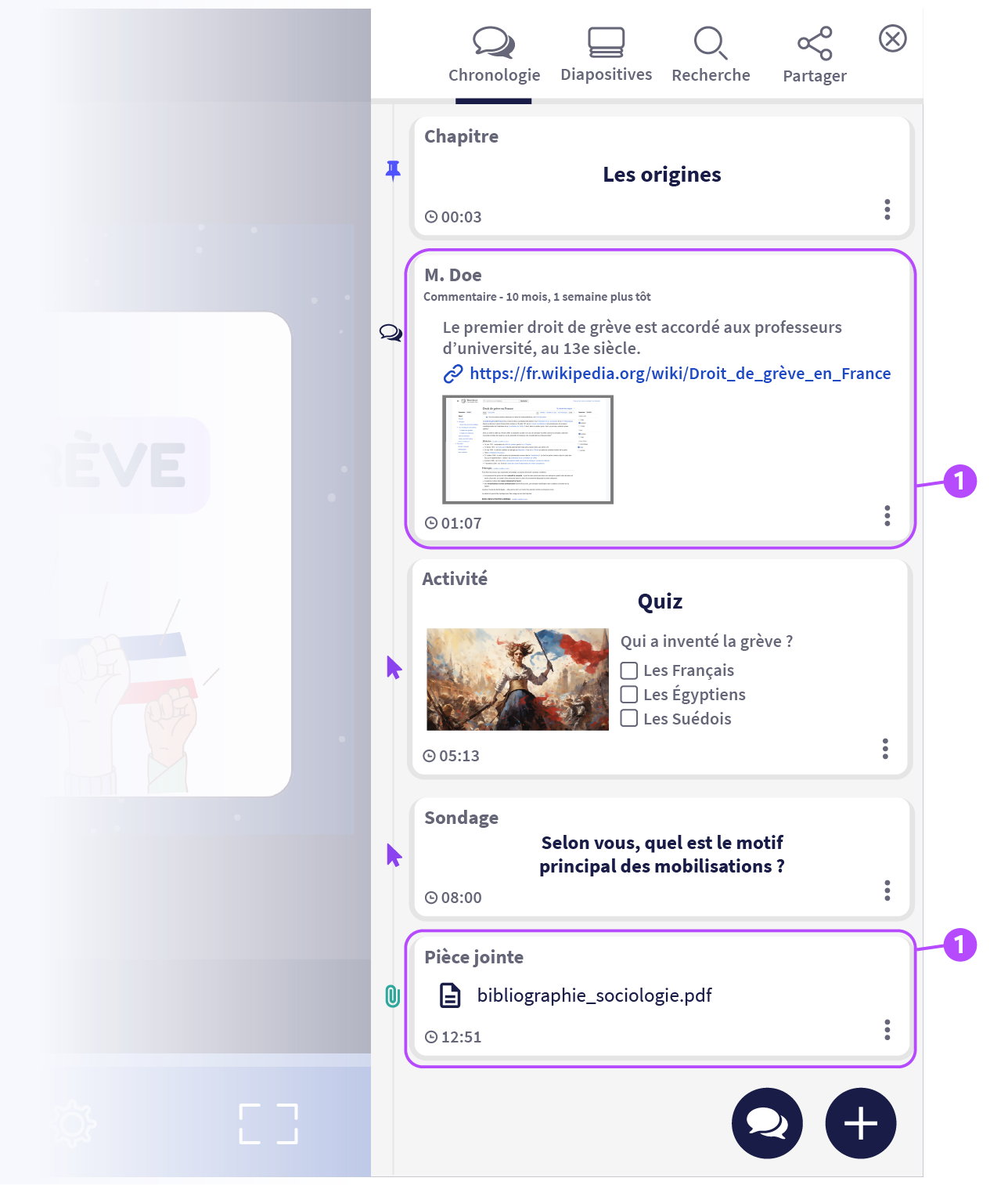 Sidebar du player avec annotations sociales